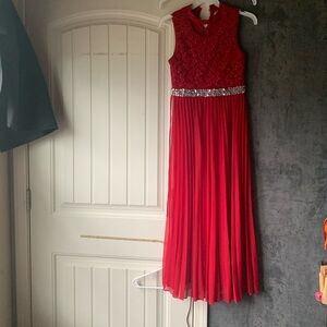 Elegant Red Sleeveless Gown with Silver Accents
